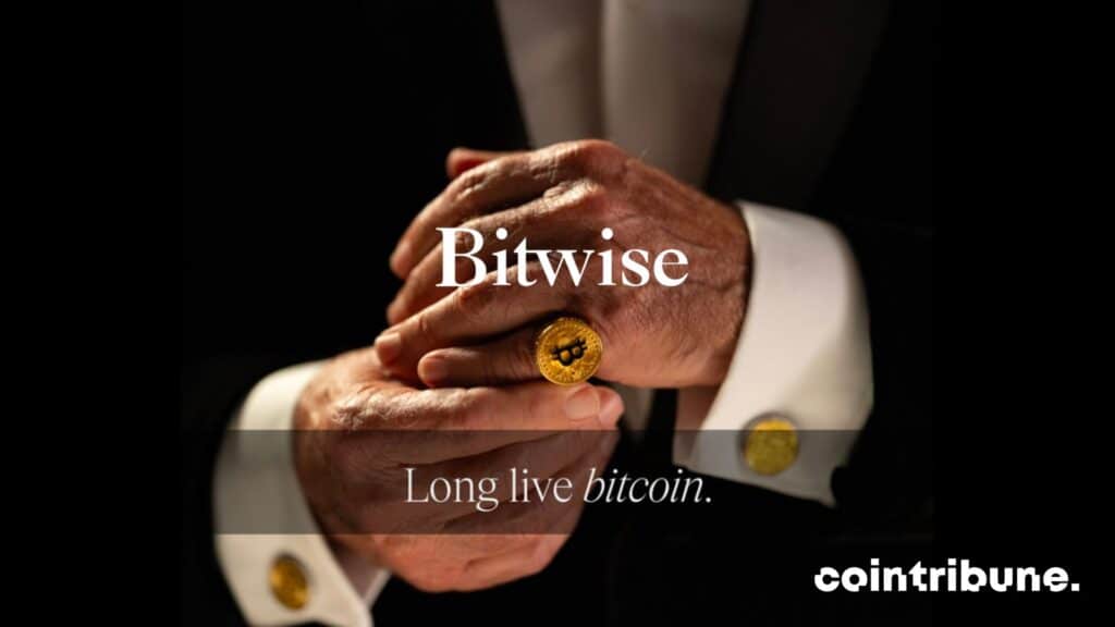 Homme en smoking avec bitcoin et écriture Bitwise