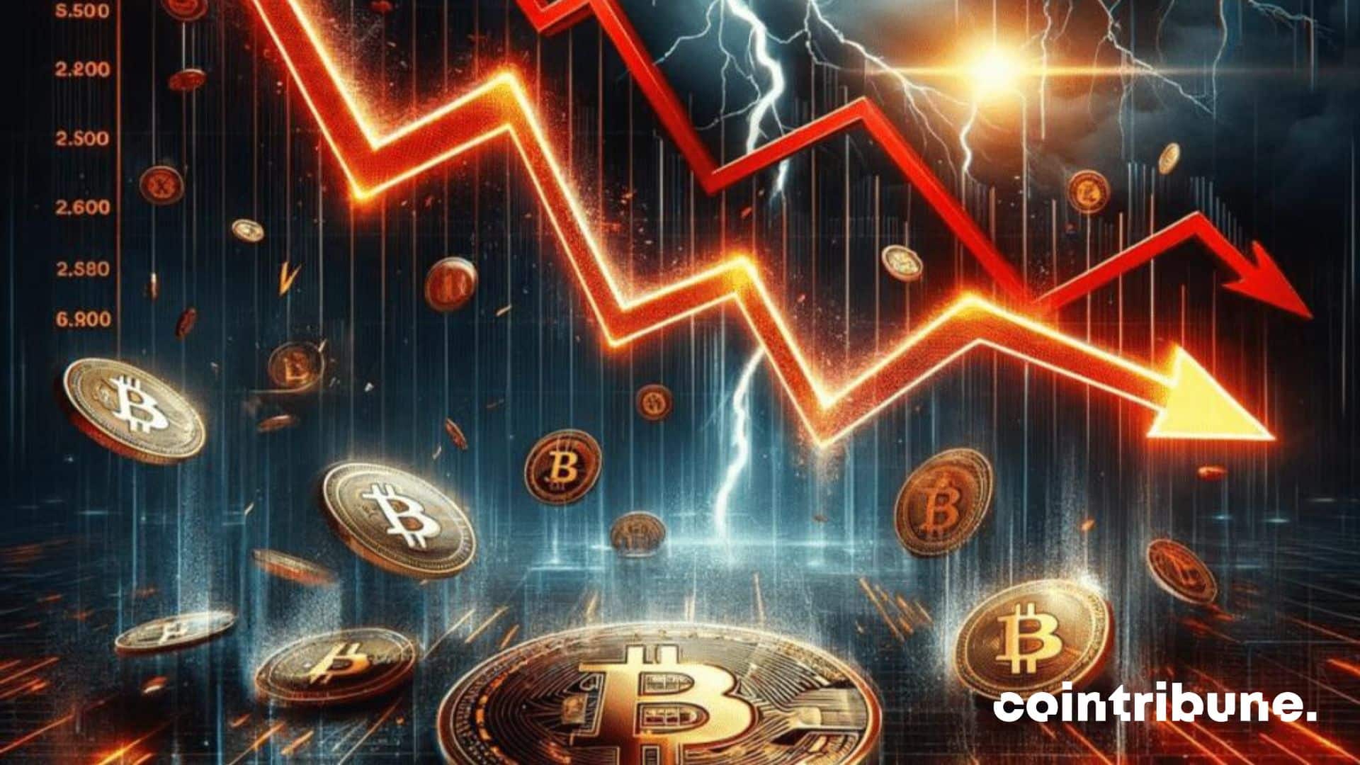 Pluie de bitcoin avec des éclairs et des flèches rouge chute