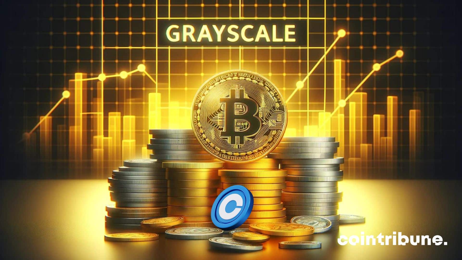 Pièces de bitcoin sur un graphique grayscale et Coinbase en dessous