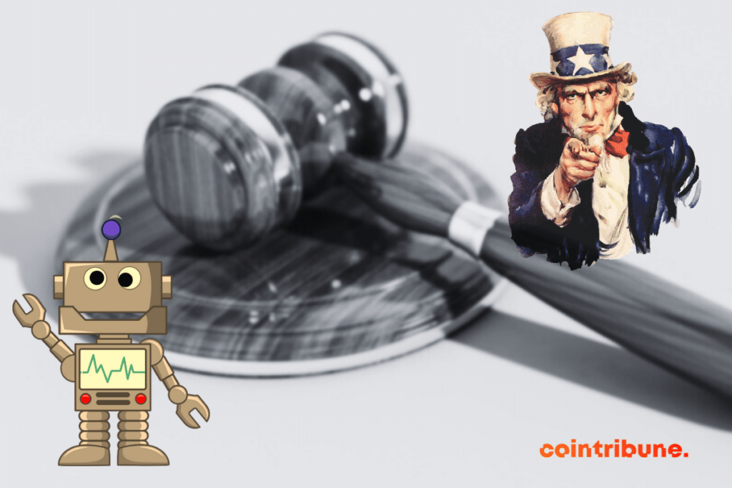 Judge's gavel, Uncle Sam's image, vector of artificial intelligence