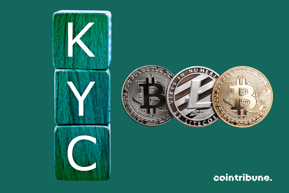 Des pièce de cryptos phares et la mention "KYC"