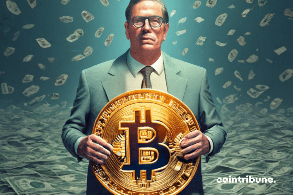 Pièce de bitcoin entre les mains de Larry Fink