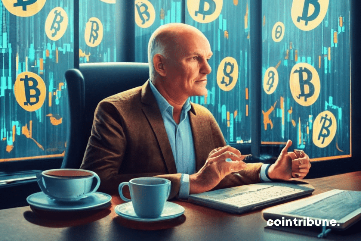 Photo de Mike Novogratz assis sur son bureau, logos bitcoin répartis sur la baie vitrée