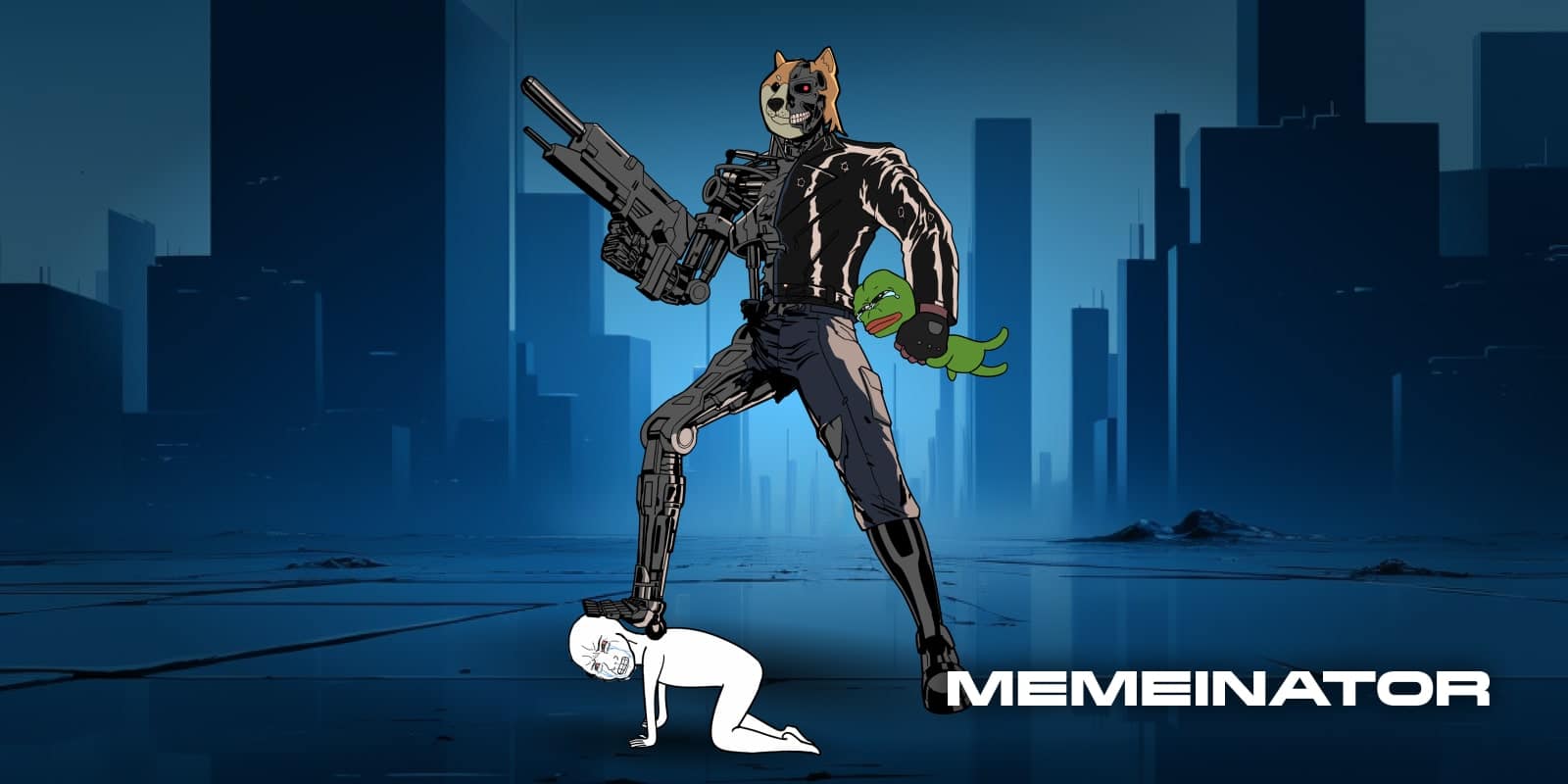 La mascotte de Memeinator écrasant d'autres memecoins