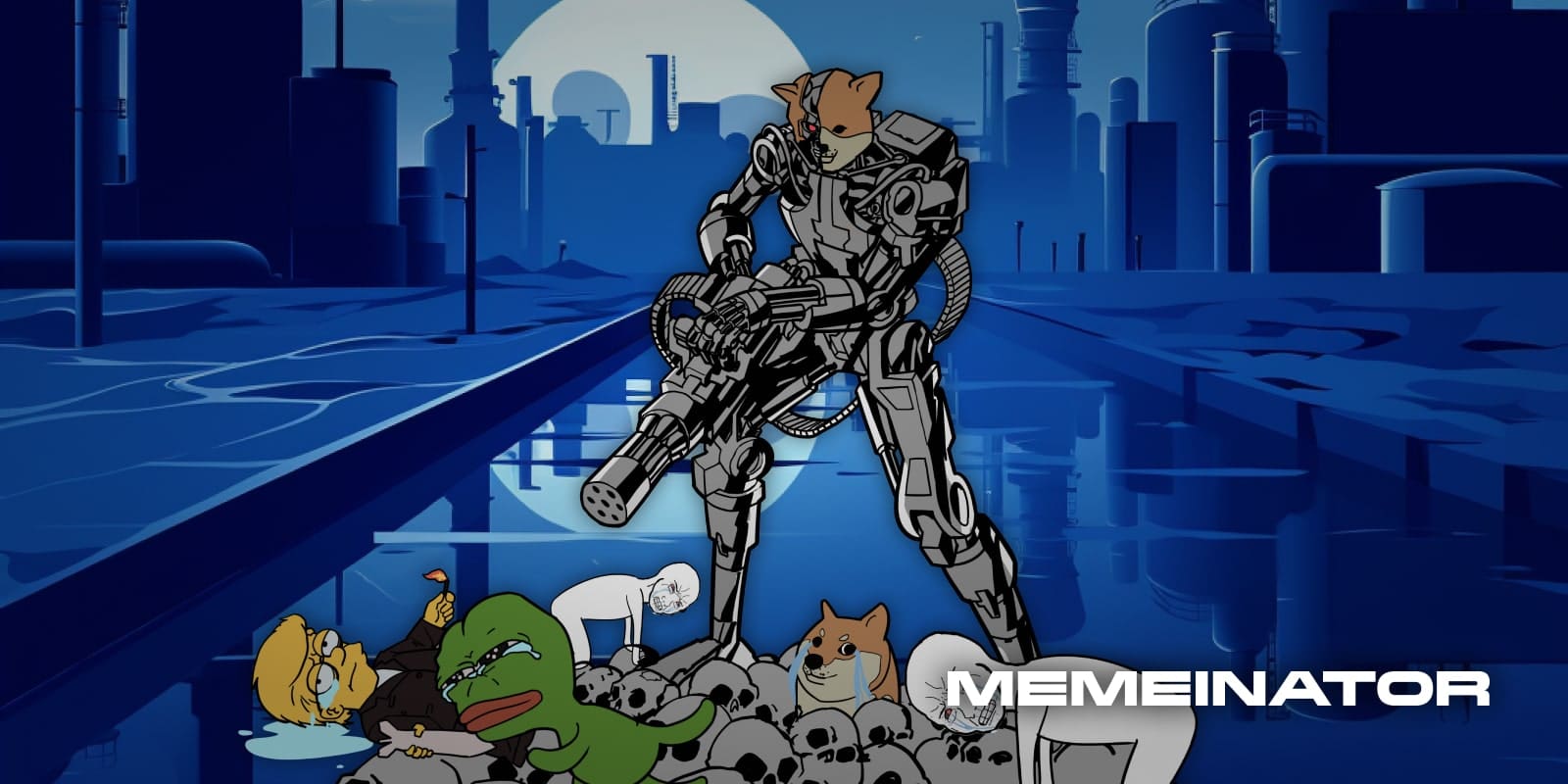 La mascotte de Memeinator en train de tirer sur les mascottes d'autres memecoins