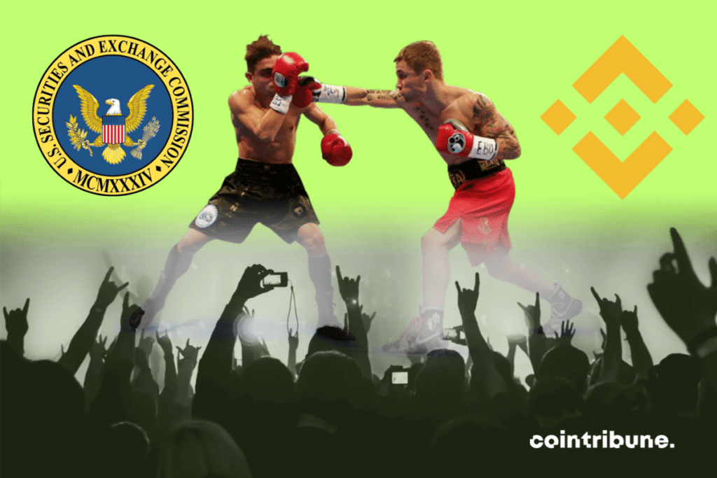 Photos of boxers and crowds, SEC and Binance logos