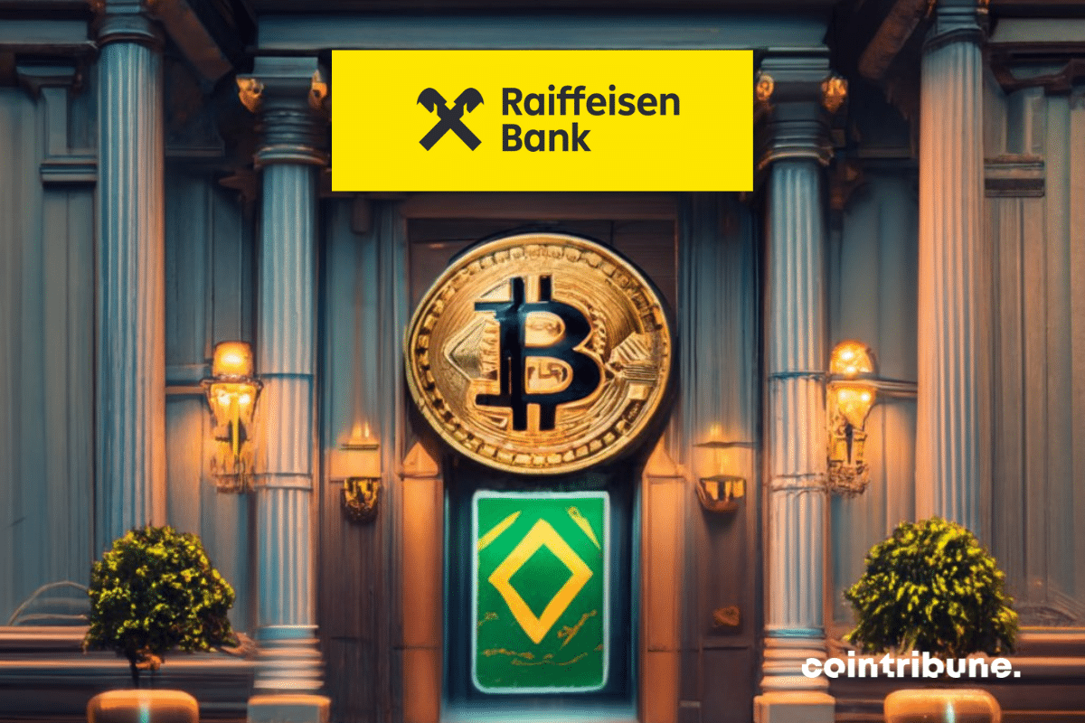 Hall de banque avec logos de Bitcoin et de Raiffeisen Bank