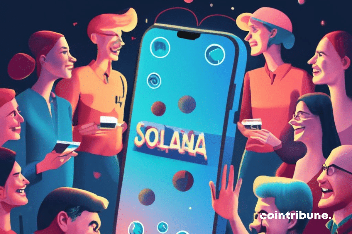 Photos de gens autour d'un smartphone géant avec mention "Solana"