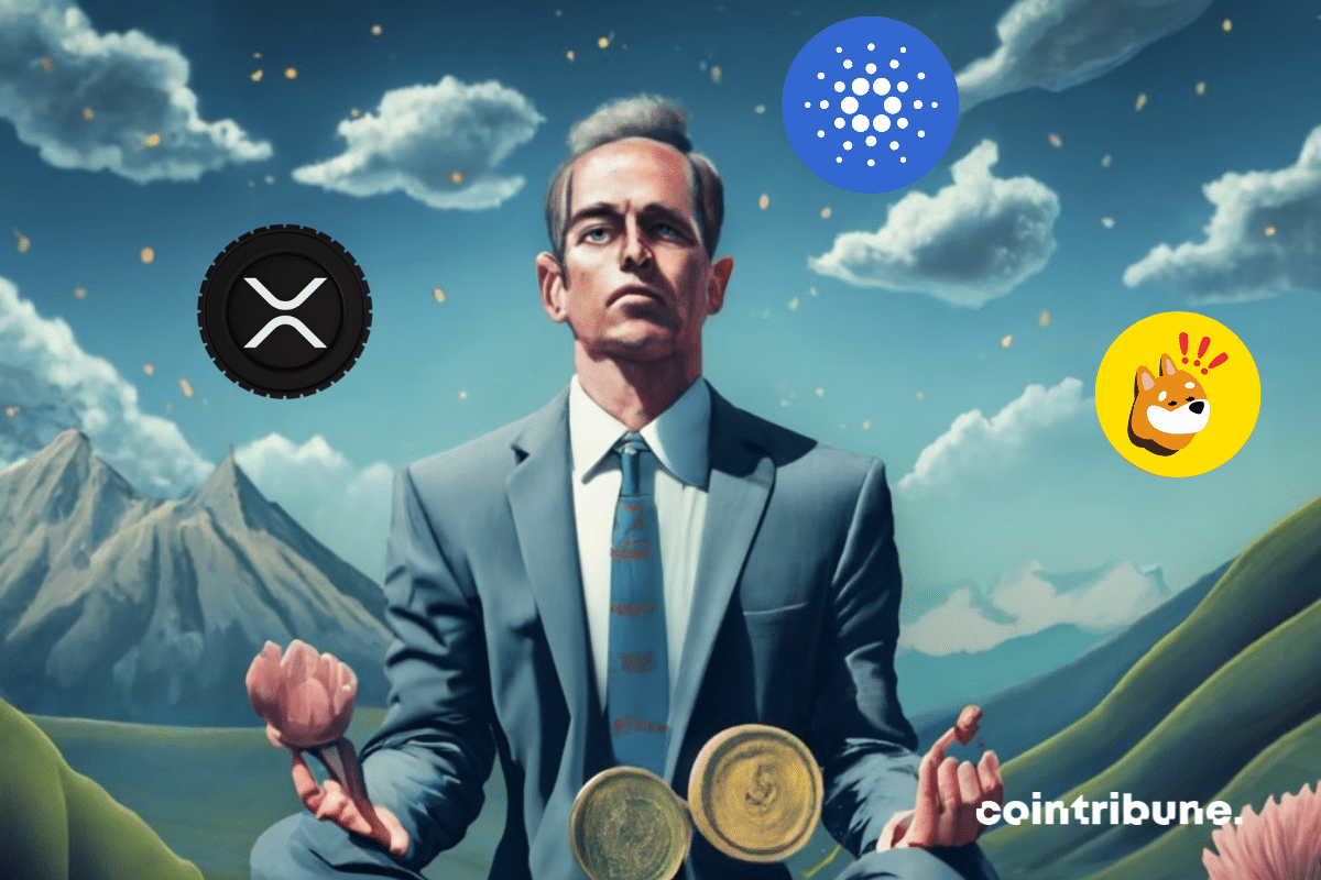 Image d'un trader jonglant avec des pièces de XRP, BONK et ADA