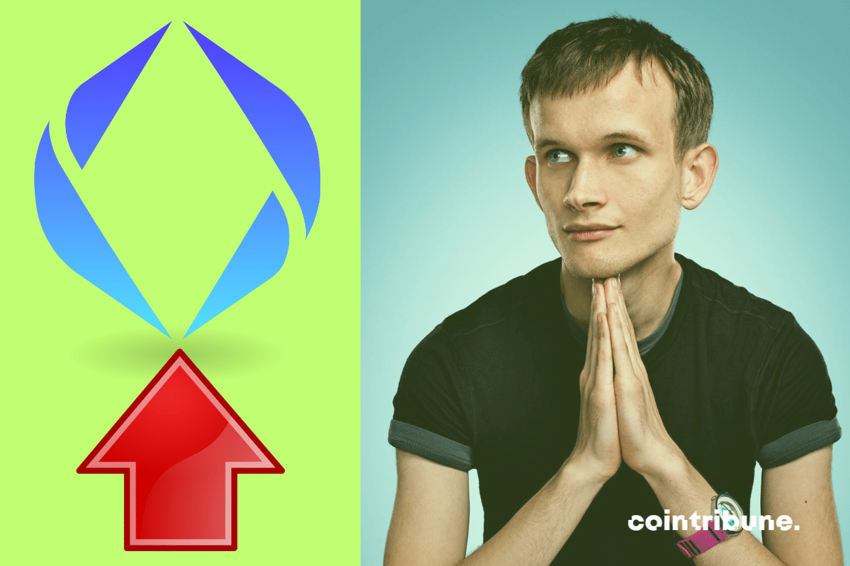 Photo de Vitalik Buterin, logo d'Ethereum Name Service et vecteur de croissance