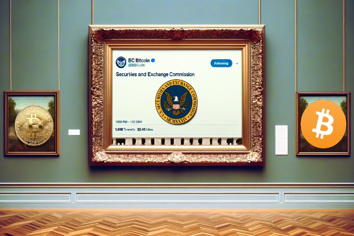 Bitcoin - un tweet avec le logo de la SEC en œuvre d'art, avec des Bitcoin sur le mur