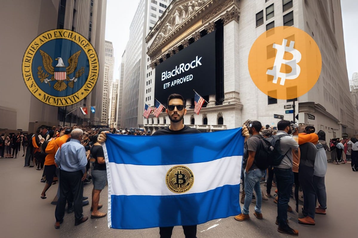 bitcoin - un homme tenant fièrement le drapeau de El Salvador devant un bâtiment de BalckRock après l'approbation des ETF Bitcoin