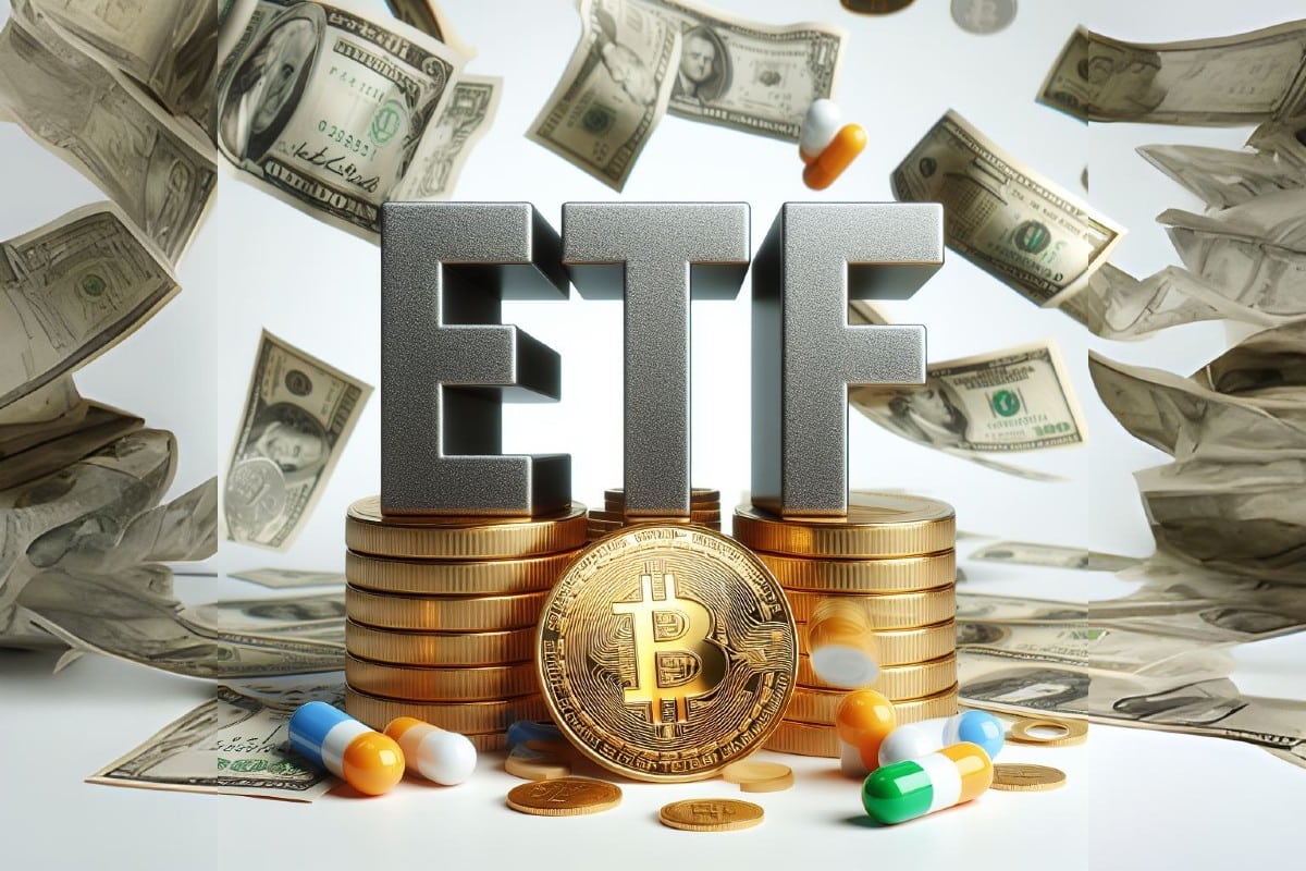 Bitcoin - la lettre ETF avec des pièces de Bitcoin et de l'argent
