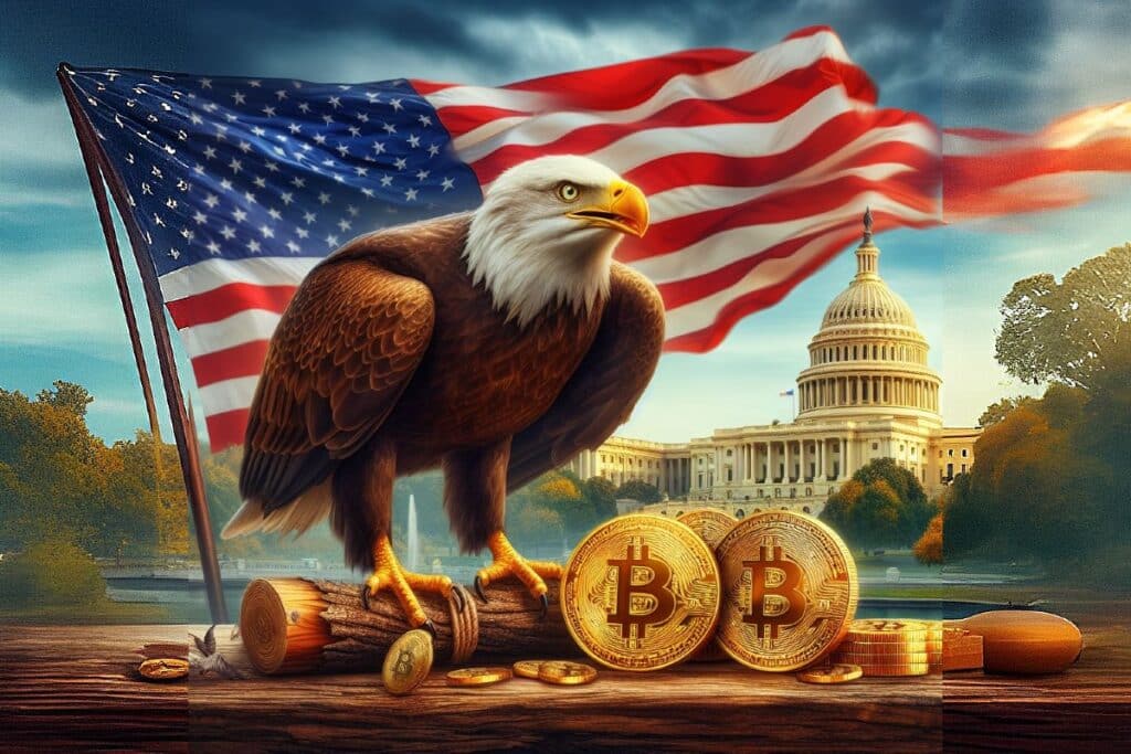 Bitcoin - un Aigle Royal avec le drapeau des USA, et des pièces de Bitcoins