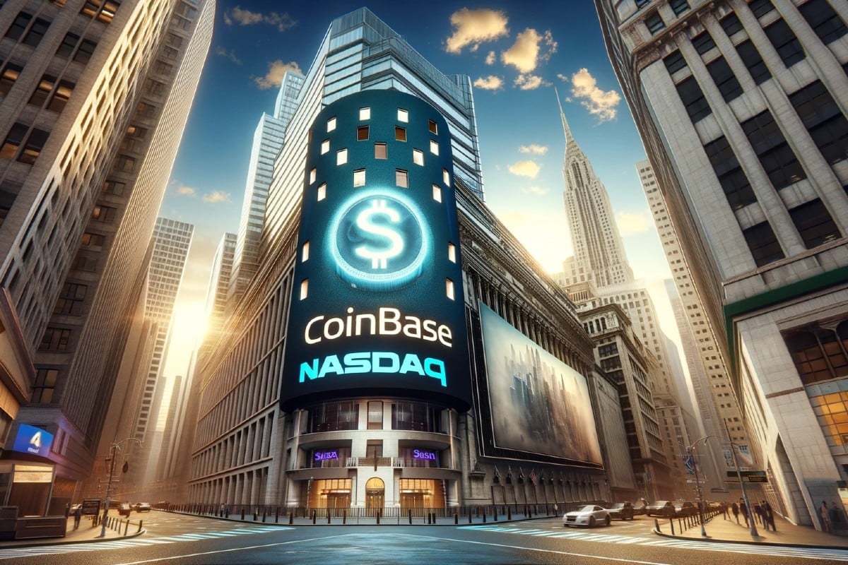 Bourse : une vue sur la bourse de Nasdaq avec Coinbase à l'affiche, crédit : Fitah sur Bing Image Creator