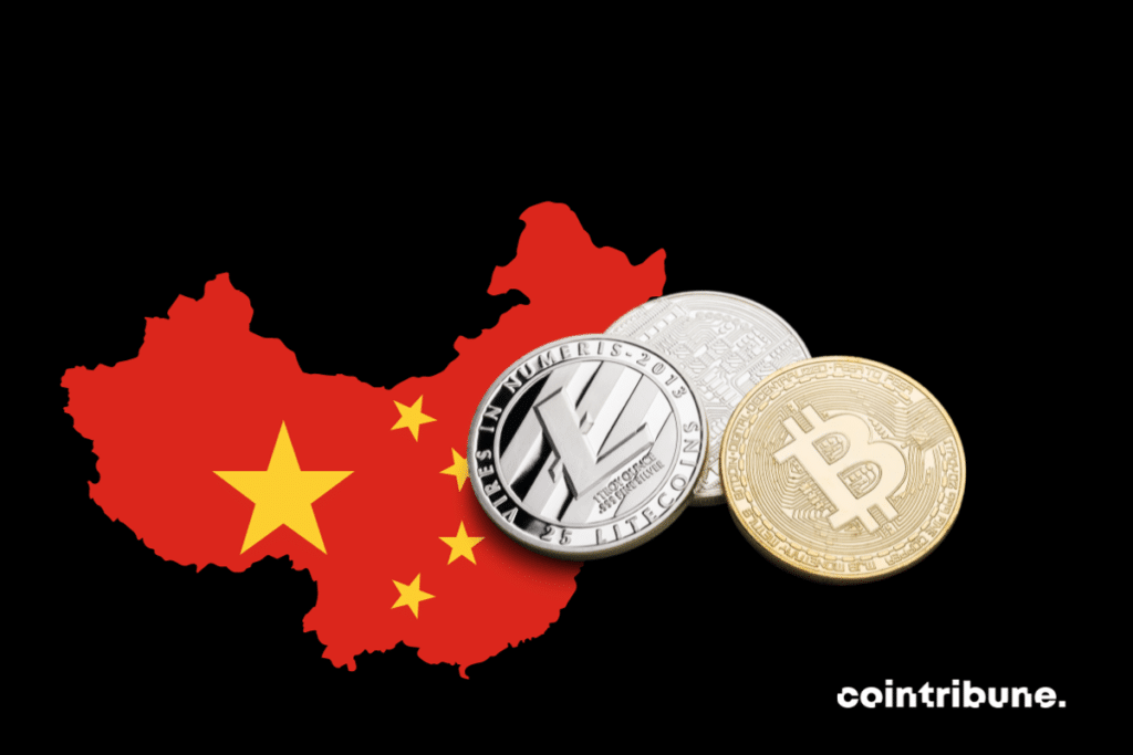 Des pièces de cryptos et le drapeau de la Chine
