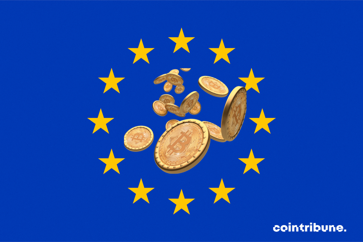 Des pièces de la crypto phare au sein du cercle formé par douze étoiles du drapeau européen