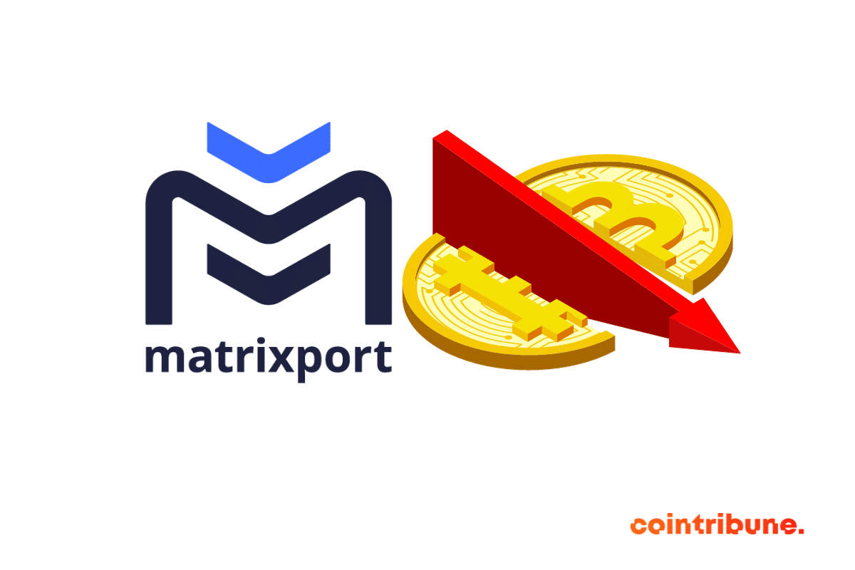 Le logo de Matrixport et une pièce de bitcoin fendue laissant passer une flèche descendante
