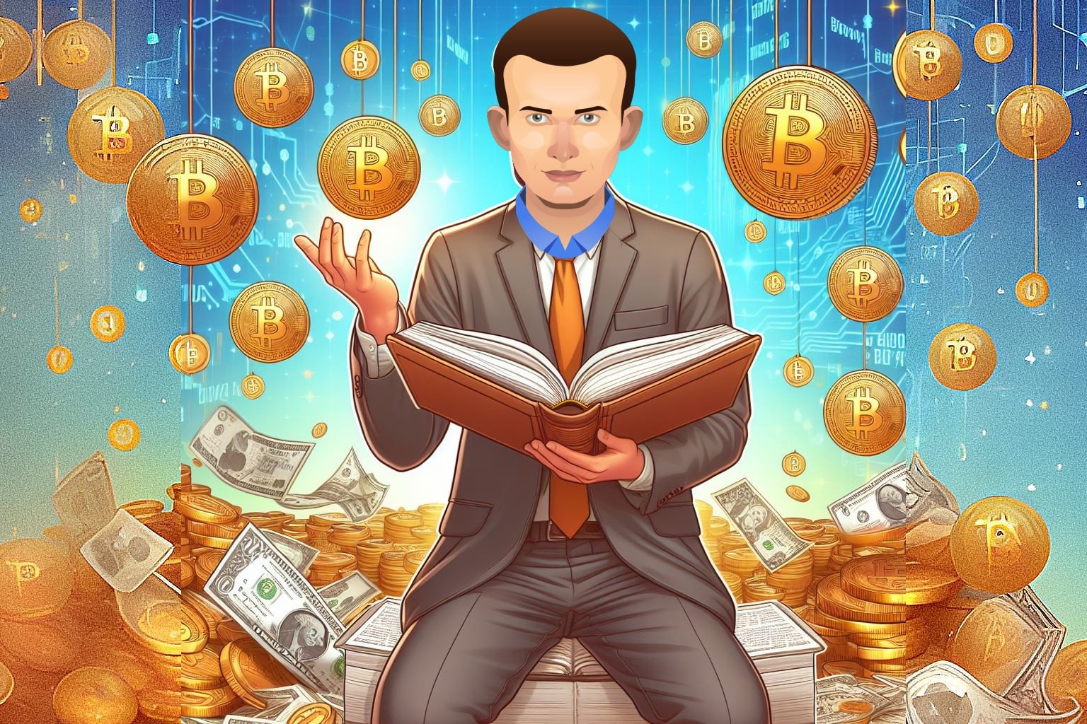 crypto - Vitalik Buterin tenant un livre avec des pièces de cryptomonnaies Bitcoin autour de Luia