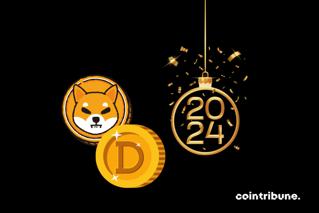 Logos des cryptos Dogecoin et Shiba Inu