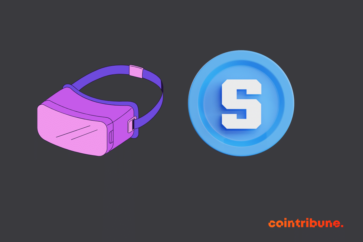 Un casque VR et le logo du SAND, l'une des cryptos du metaverse