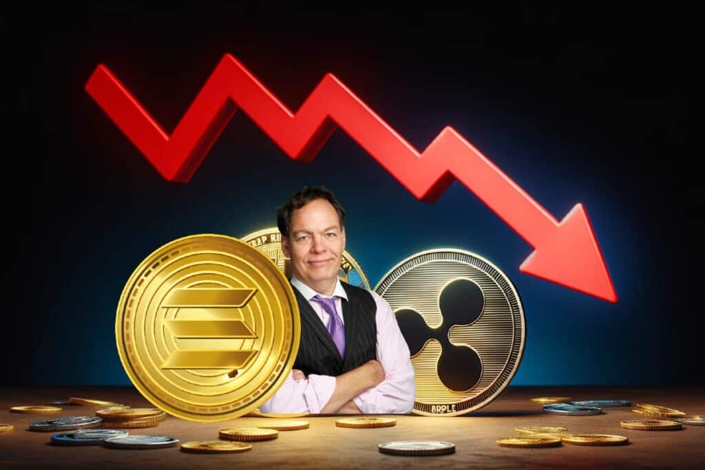 Crypto : des jetons de Solana et XRP avec la photo de Max Keiser avec une flèche rouge vers le bas