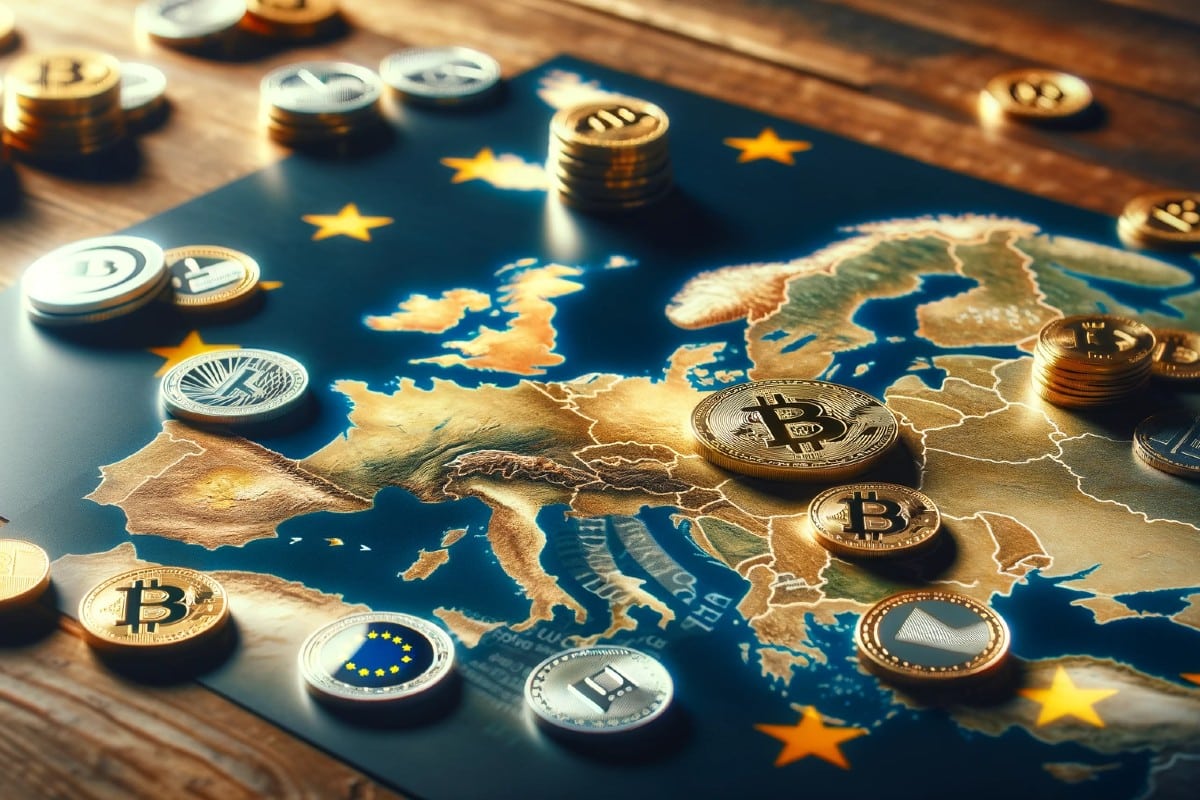 Crypto : des pièces de cryptomonnaies sur une table où il y a la carte de l'UE