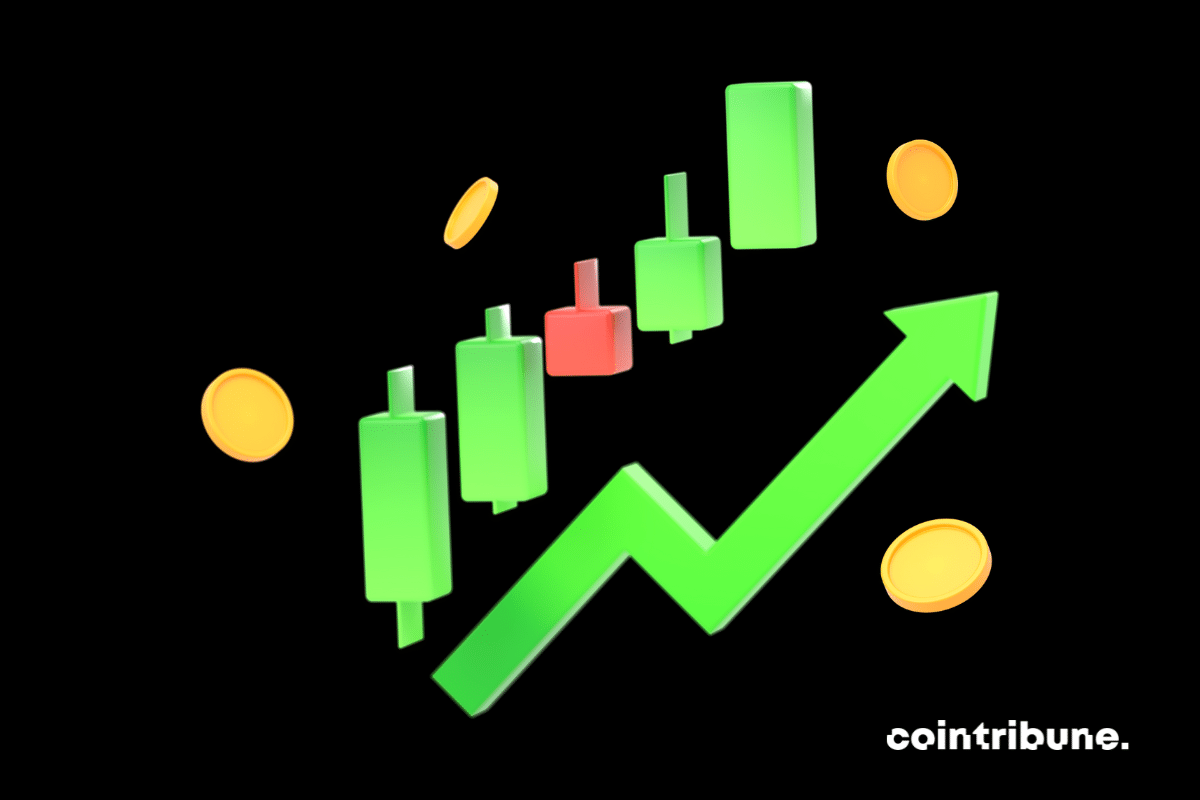 Une flèche ascendante et des bougies montantes entourées de pièces d'altcoins