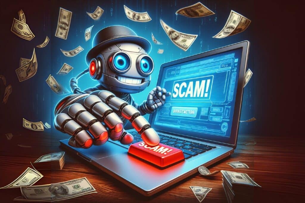 ia - un robot IA en appuyant sur un bouton scam sur un PC