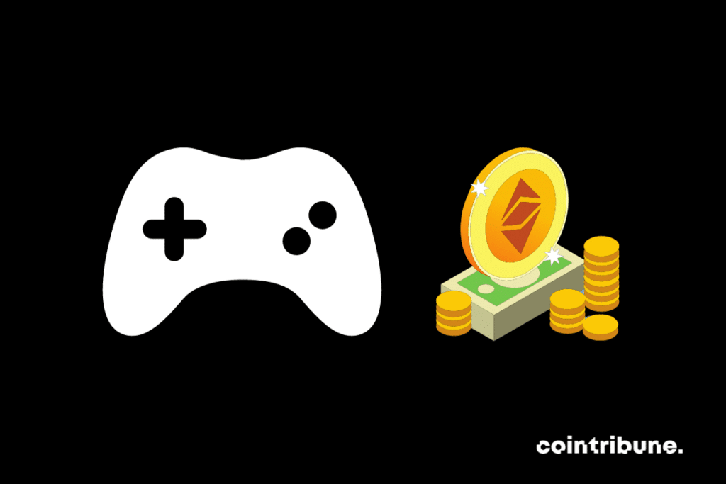 Une manette de jeu et des pièces d'altcoins