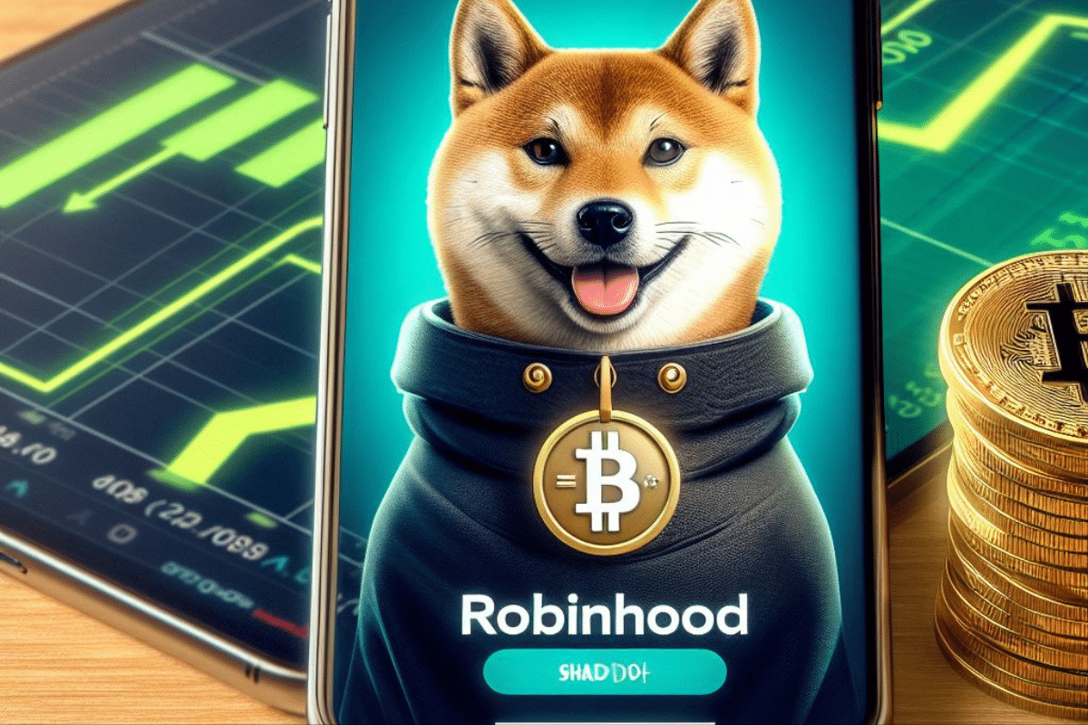 Robinhood sur un écran de smartphone avec un graphique montrant le logo de Shiba Inu