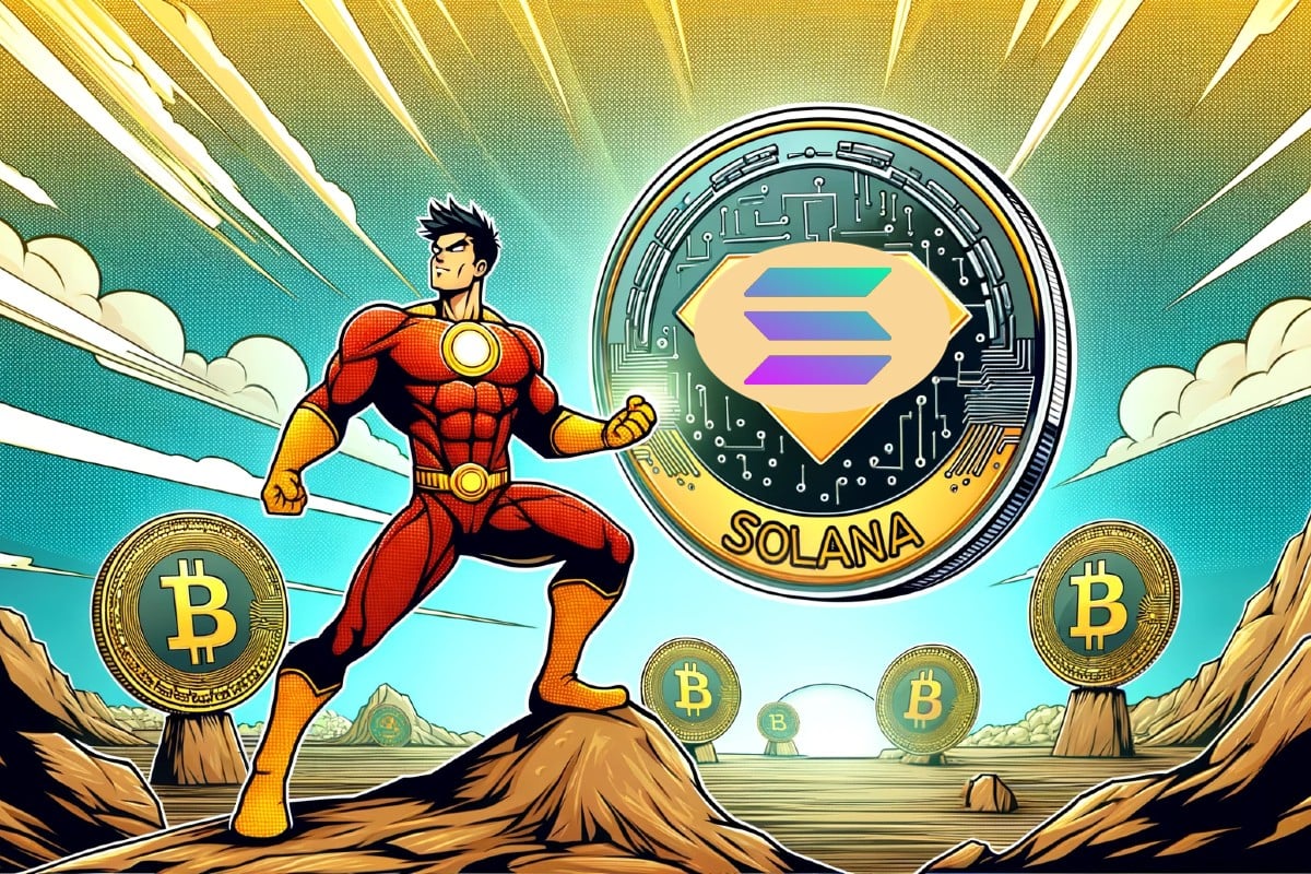Solana : un super-héro avec la crypto Solana, et des jeton Bitcoin à côté