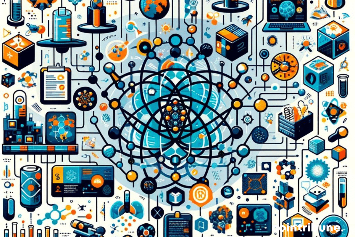 Une constellation d'outils utilisés en science dont des ordinateurs, des tablettes et des tubes à essai