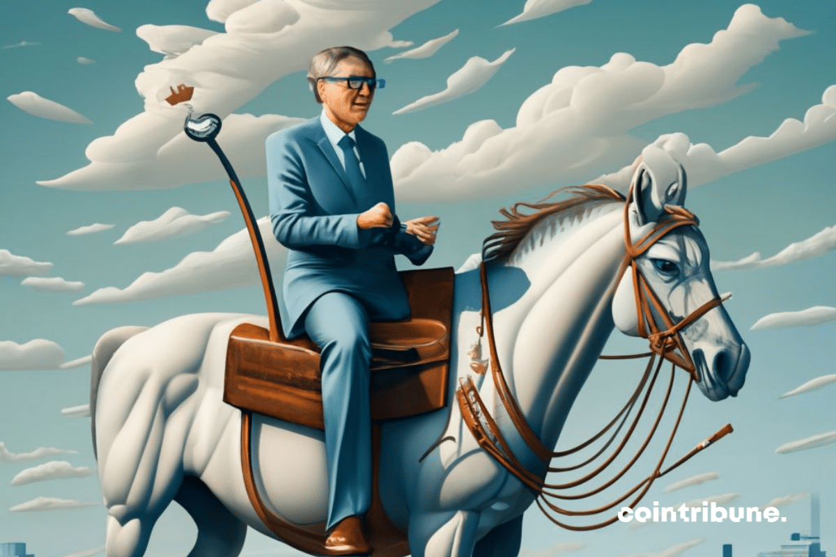 Bill Gates chevauchant un cheval avec une puce à la main