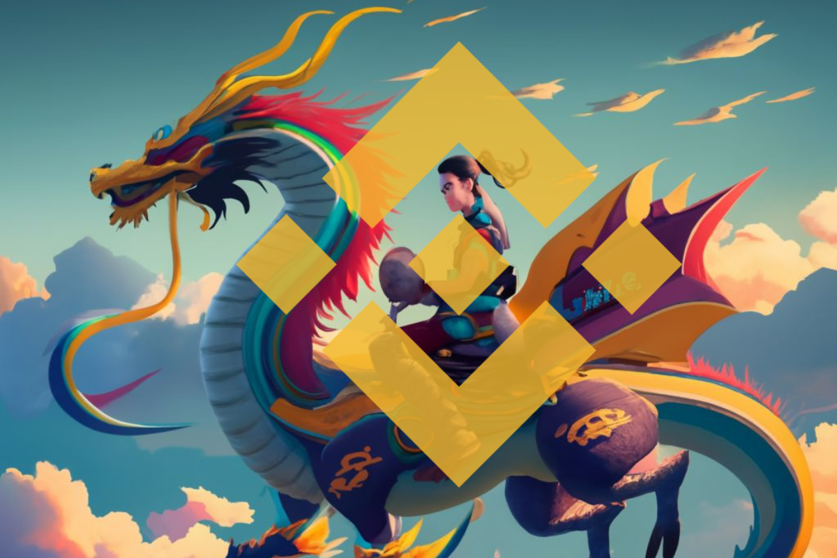 Homme monté sur un dragon survolant des nuages, logo de Binance