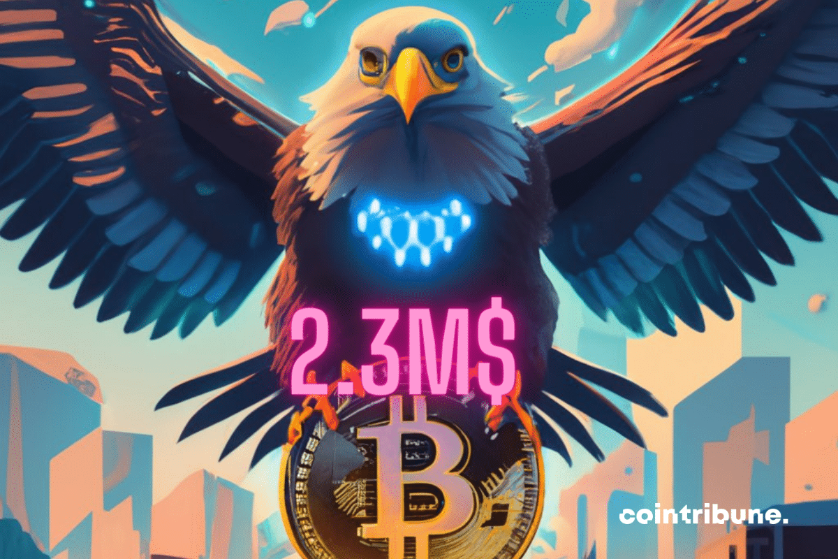 Pièce de bitcoin aux pieds d'un aigle, mention "2,3 M$"