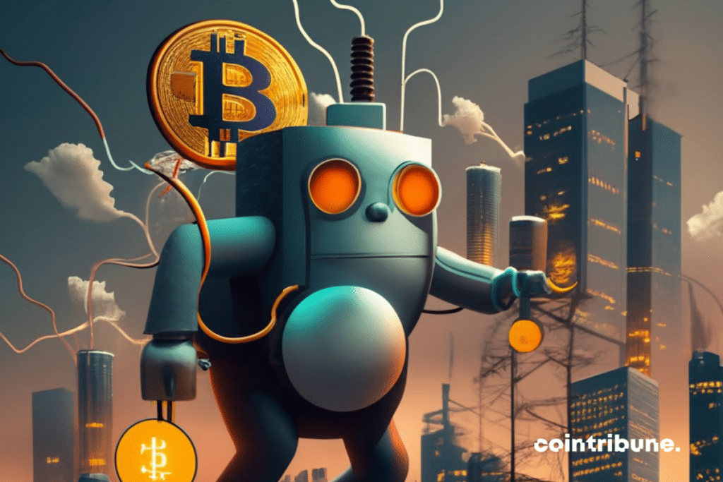 Bonhomme bitcoin dans une ville