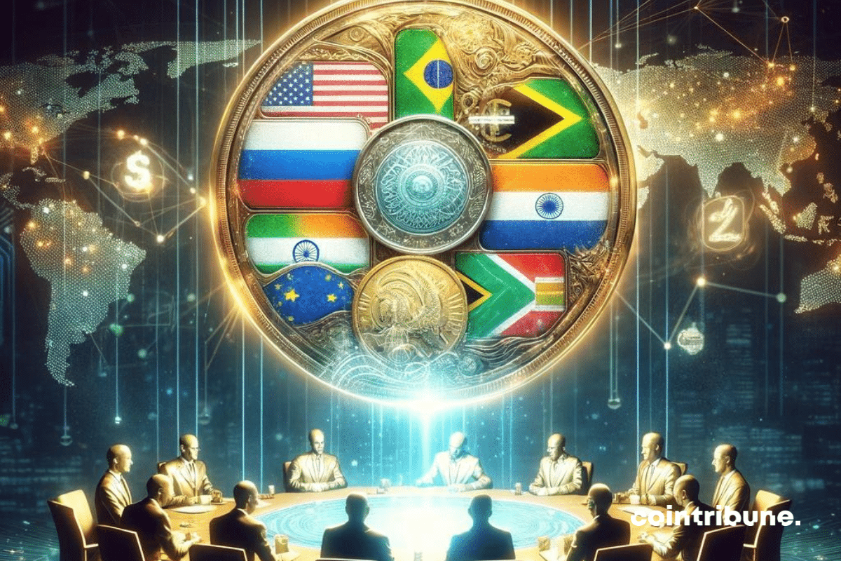 Drapeaux des pays BRICS qui envisagent de créer une monnaie commune pour se débarrasser du dollar