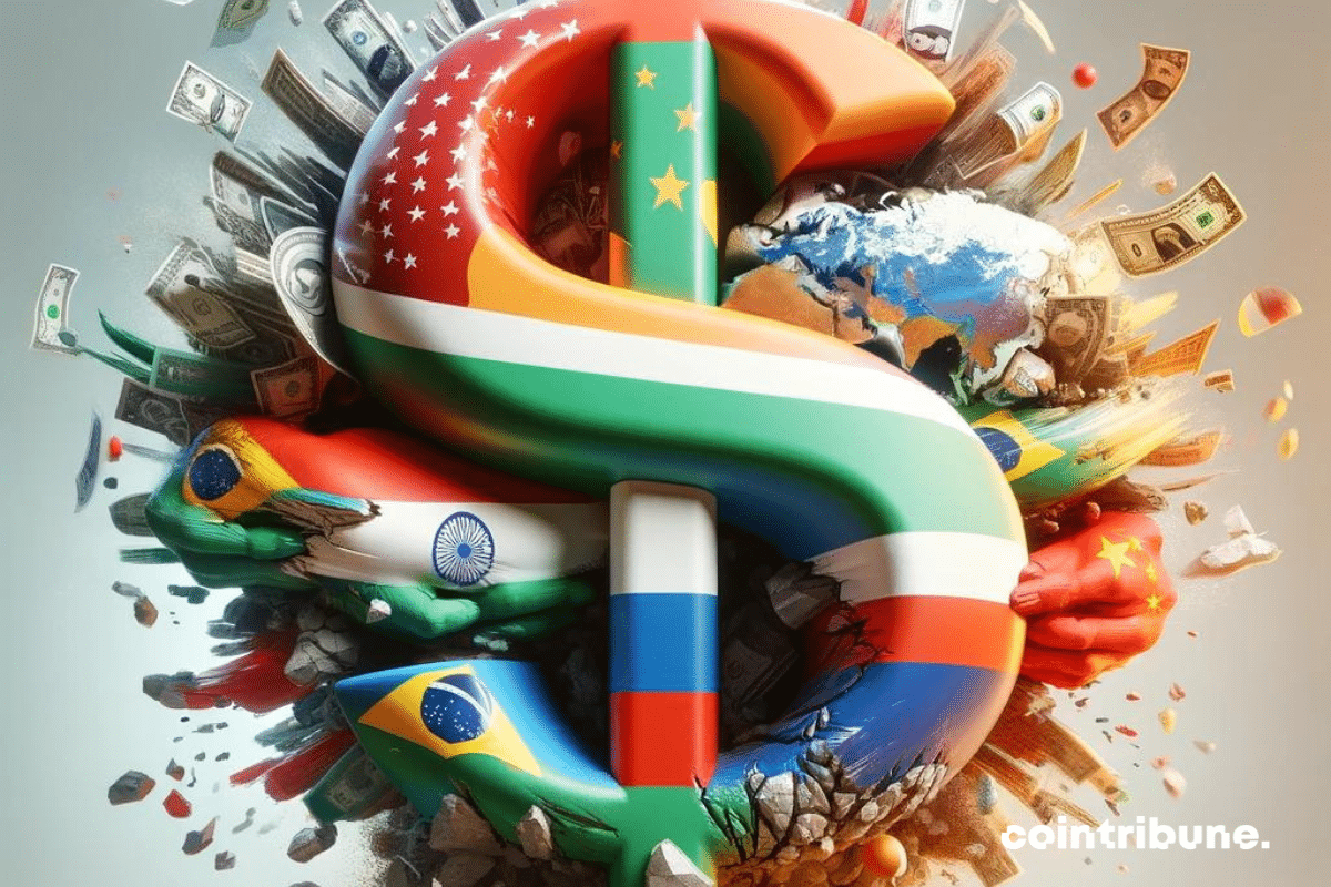 Symbole du dollar formé avec les drapeaux des pays des BRICS