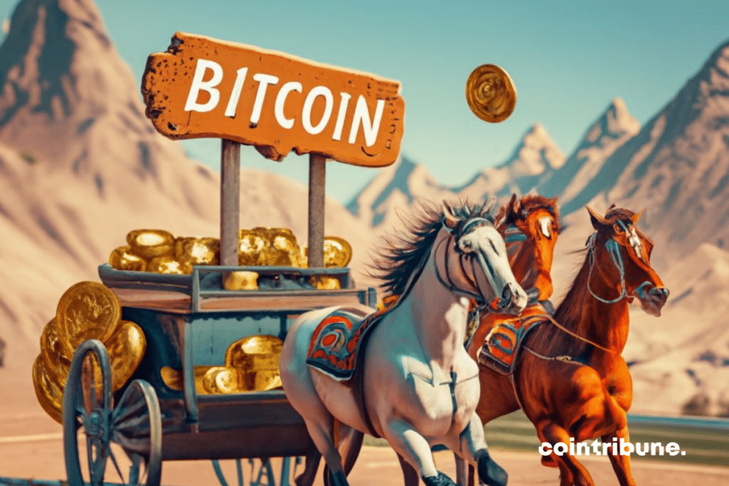 Chevaux tirant un chariot plein d'or avec un encart Bitcoin