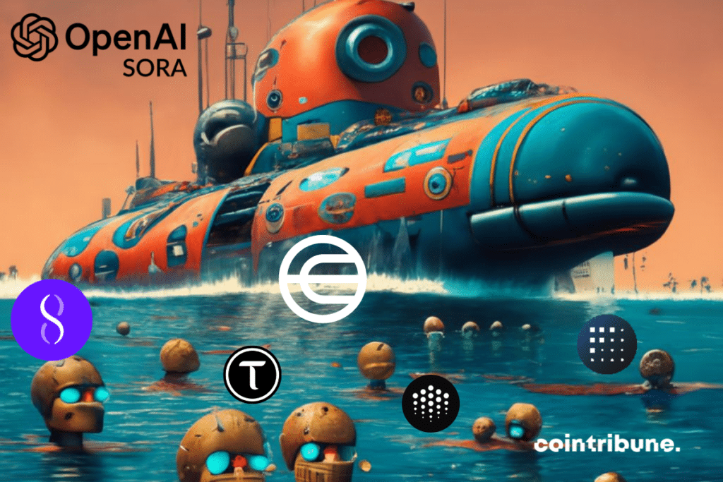 Sous-marin géant, logos d'OpenAI Sora, de WLD, d'OCEAN, de FET, d'AGIX