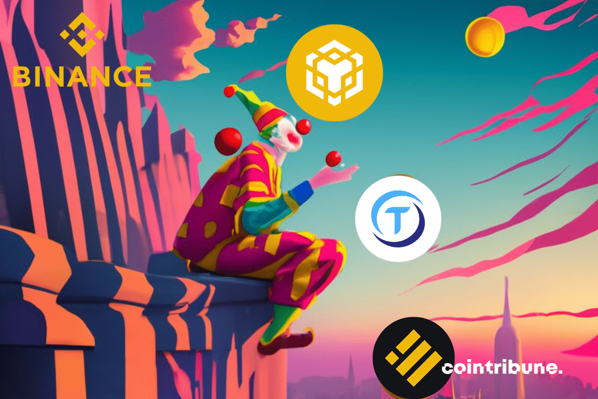 Clown jonglant des pièces, logos de Binance, BNB, TUSD et BUSD