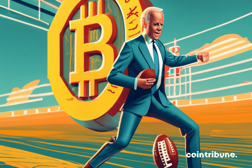 Joe Biden sur un terrain de football américain et logo géant de Bitcoin