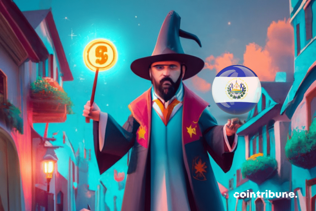 Nayib Bukele habillé en sorcier, drapeau du Salvador et logo du bitcoin