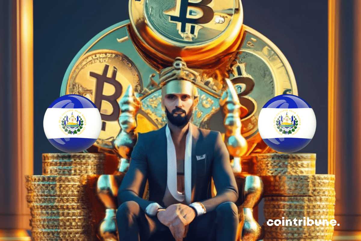 Nayib Bukele assis sur un trône doré, drapeau du Salvador et pièces de bitcoin