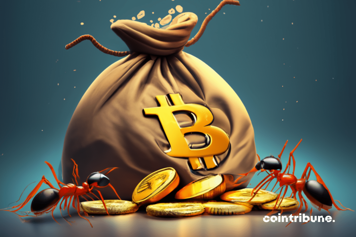Ants, gold coins, bag and bitcoin logo