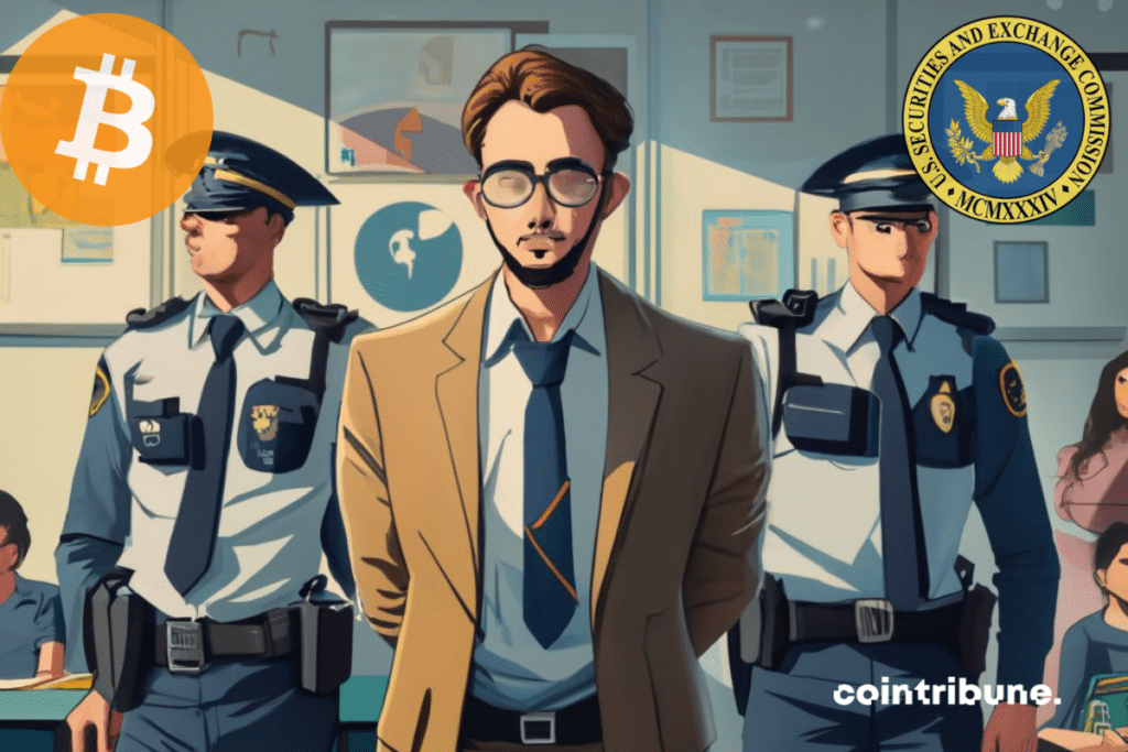 Arrestation d'un prof, logos de bitcoin et de la SEC