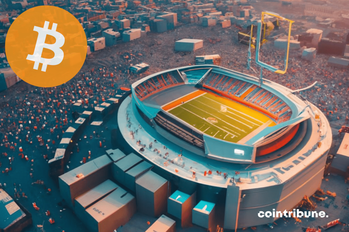 Stade de football américain, logo bitcoin