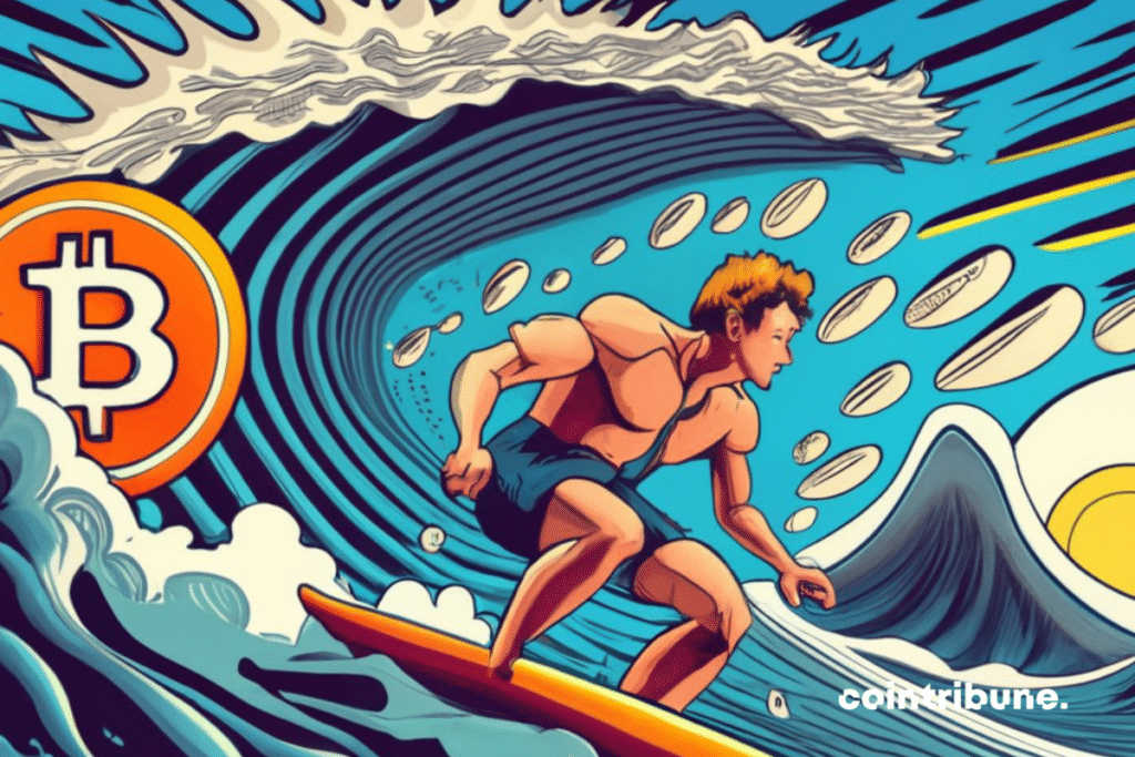 Surfer slaloming between waves, Bitcoin logo