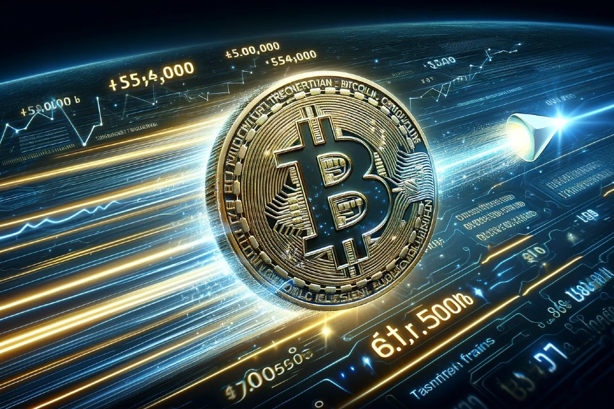 Bitcoin : une pièce de Bitcoin avec des chiffres, voyagant à la vitesse de la lumière
